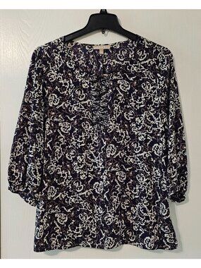 Banana Republic Womens Navy & White Floral Print Tunic Blouse XL Celestial Boho